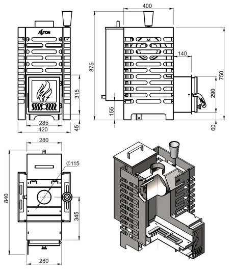 Печь для бани ASTON 16 INOX стекло "АКВА" - 3