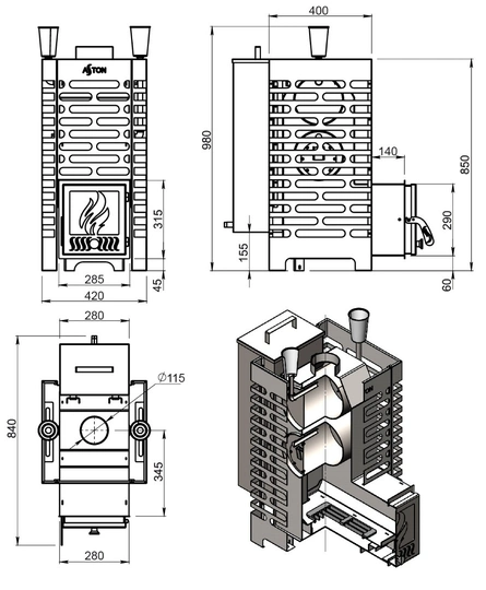 Печь для бани ASTON 20 INOX стекло "АКВА" - 3