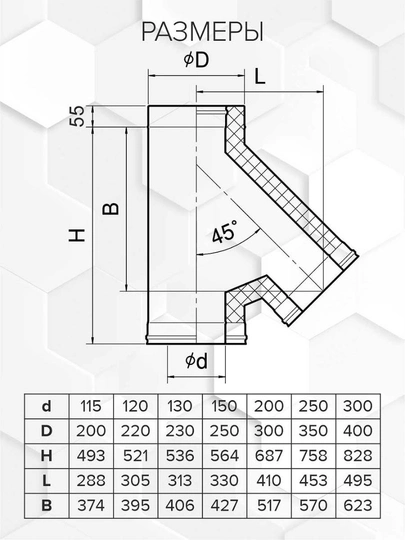 Craft HF-50 сэндвич-тройник 45° (316/0,8/304/0,5) Ф115х200 - 1