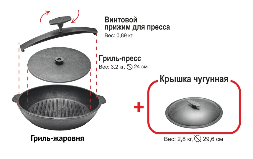 Гриль-жаровня "Сибирячка" (чугунная со скобой, крышкой и гриль-прессом) - 2