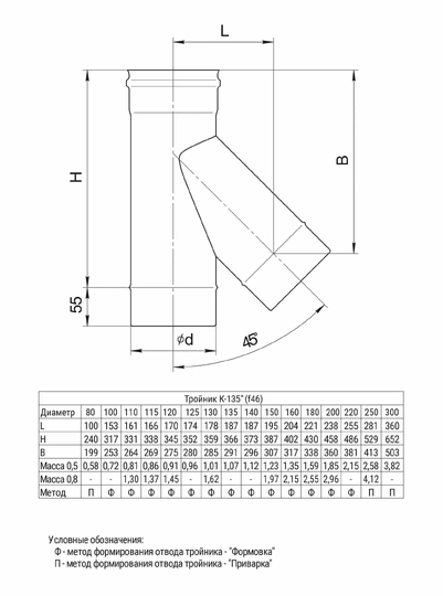Ferrum HF тройник-К 135° (430/0,8мм) Ф115 - 1