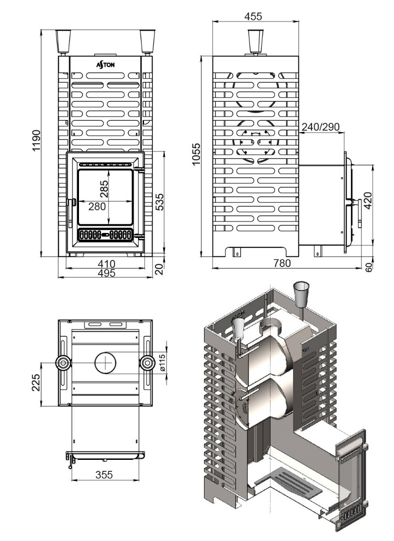 Печь для бани ASTON 30 INOX (320) Long - 2min